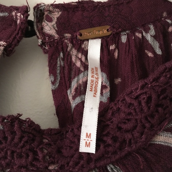 FREE PEOPLE  Burgundy Wine Print Lace Cut Out Front Dress M - Picture 7 of 7
